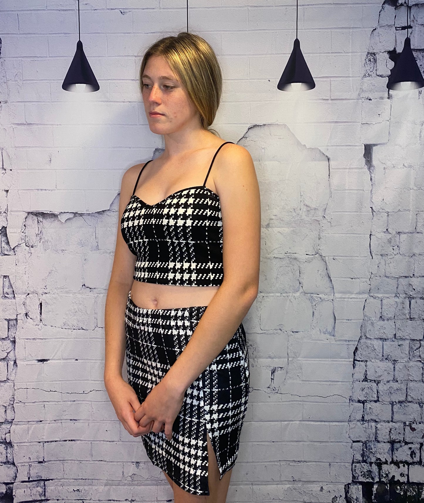 Hounds Tooth Crop Top & Mini Skirt Set